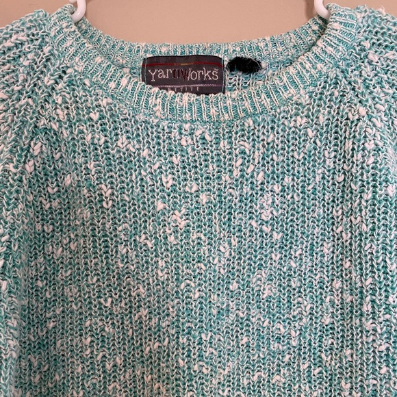 Yarn Works Petite Mint Green White Knit Short Sleeve Sweater - Picture 2 of 7